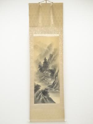 高雅筆　水墨山水　肉筆絹本掛軸（共箱）